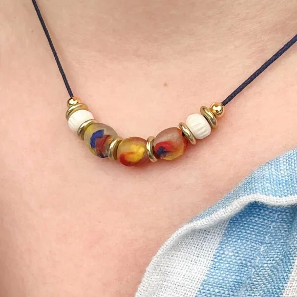 Recycled Glass Bead Necklace Ghana Satin Cord Colourful Minimalist Boho - Picture 7 of 9